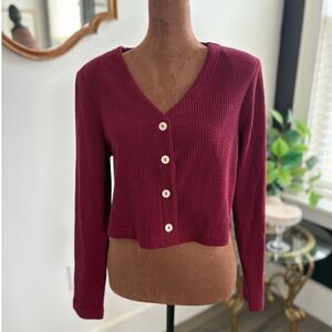 Waffle Knit Cropped Cardigan Burgundy‎ 90s Vintage Style Top - Size 10